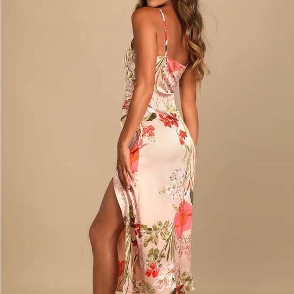 Lulu’s Remarkable Entrance Pink Floral Print Satin Midi Dress - Picture 3 of 4